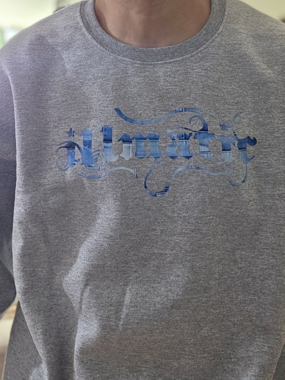 SP72 Gray Crewneck Sweater with Blue Denim Illmatic Graphic. Custom Designed